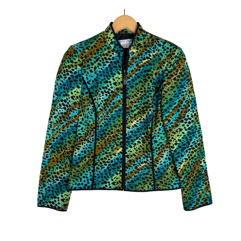 Maggy London Jacket Womens 4 Green Teal Silk Animal Print Leopard Cheetah Luxe
